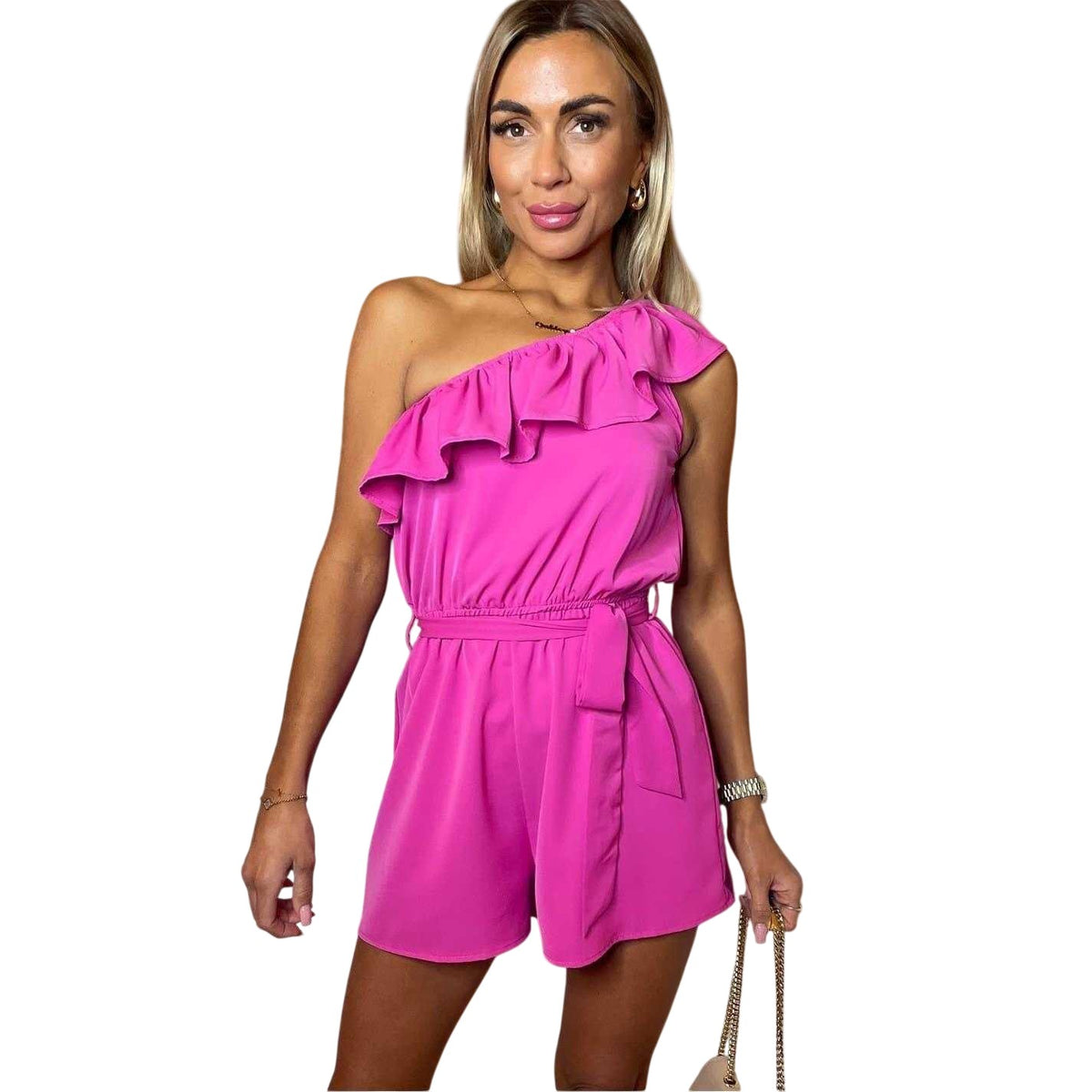 Hot Pink - Side - AX Paris Womens-Ladies Frill Detail Playsuit