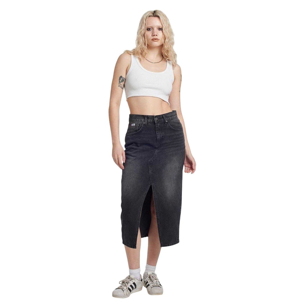 Charcoal - Side - The Ragged Priest Womens-Ladies Denim Midi Skirt