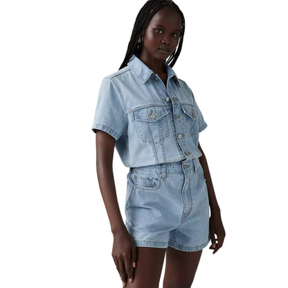 Blue - Side - Levis Womens-Ladies Collared Short-Sleeved Playsuit
