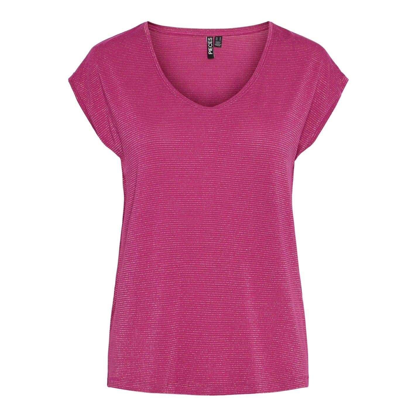 Fuchsia Pink - Front - Pieces Womens-Ladies V Neck Regular T-Shirt