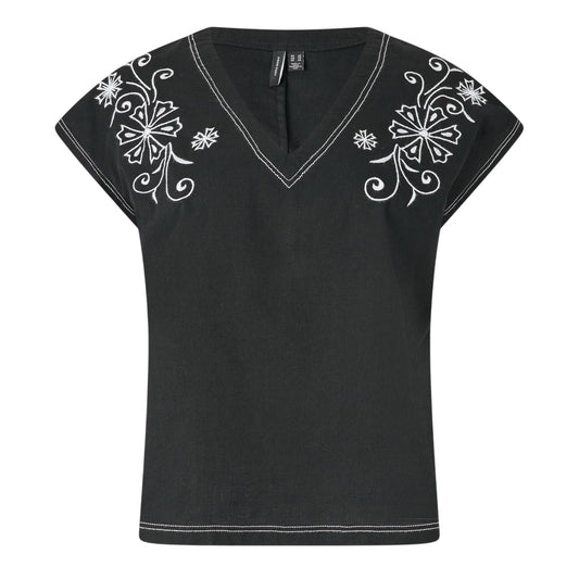 Black - Front - Vero Moda Womens-Ladies Embroidered V Neck Short-Sleeved Blouse