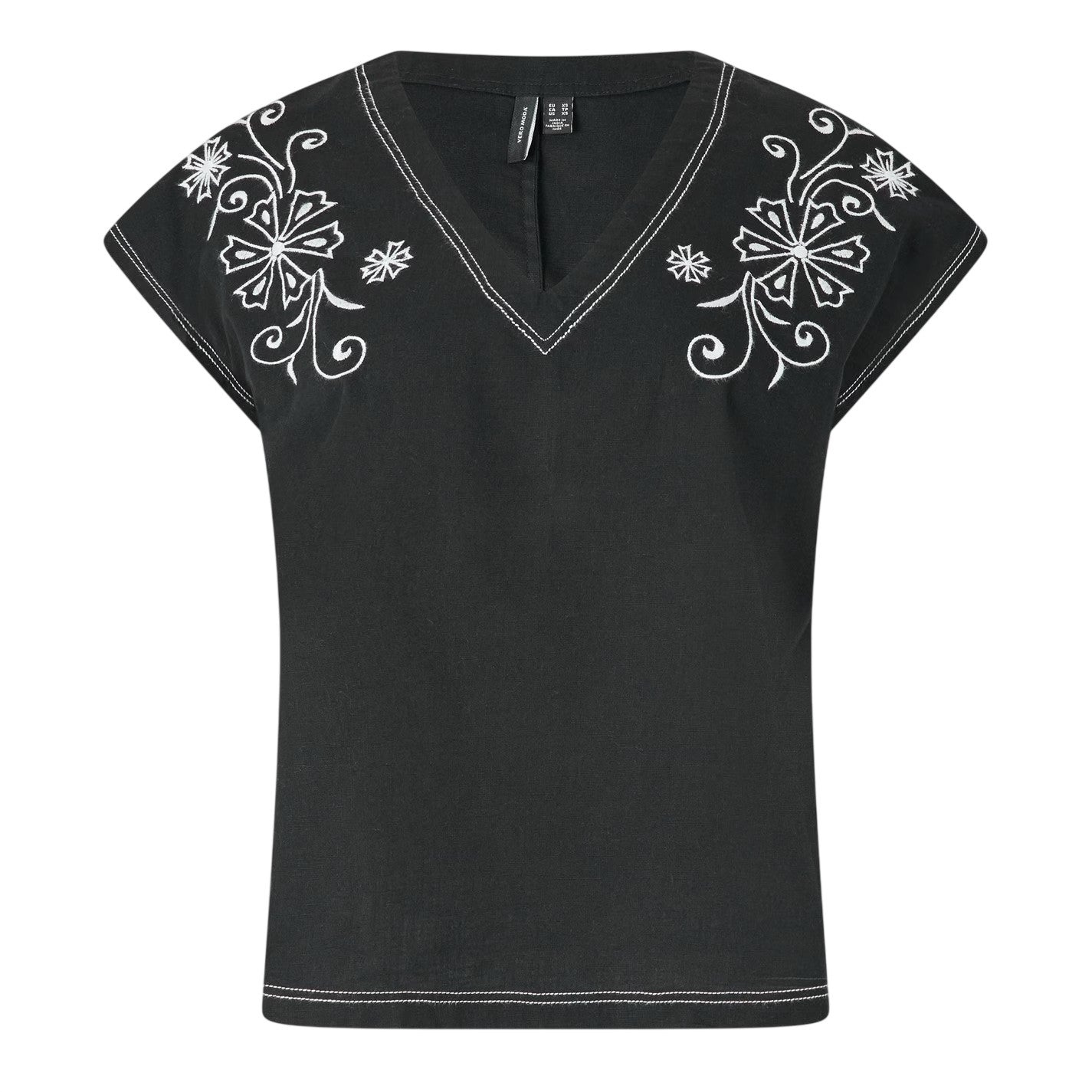 Black - Front - Vero Moda Womens-Ladies Embroidered V Neck Short-Sleeved Blouse