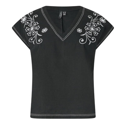 Black - Front - Vero Moda Womens-Ladies Embroidered V Neck Short-Sleeved Blouse