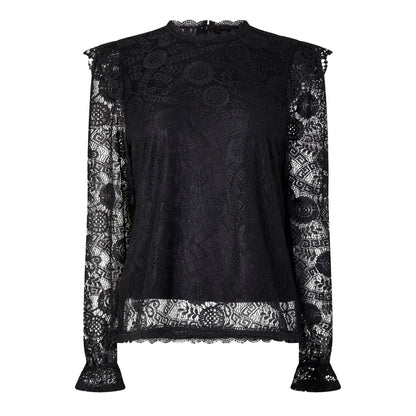 Black - Front - Pieces Womens-Ladies Lace High-Neck Regular Blouse