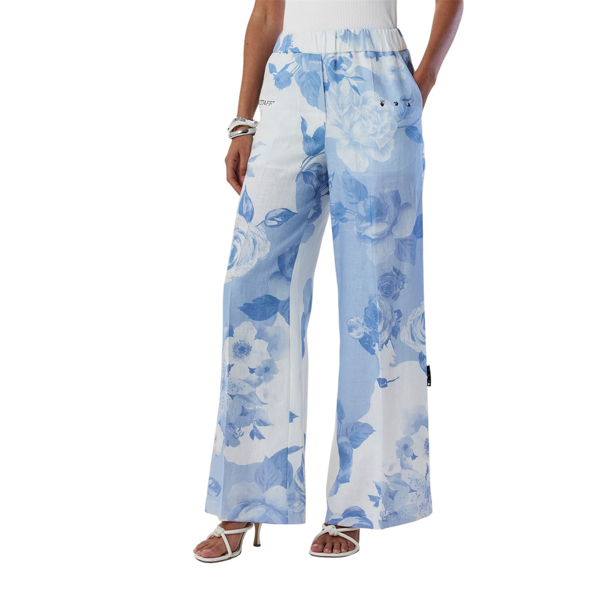 White-Blue - Side - Off-White Womens-Ladies Knitted Pull-On Wide Leg Trousers