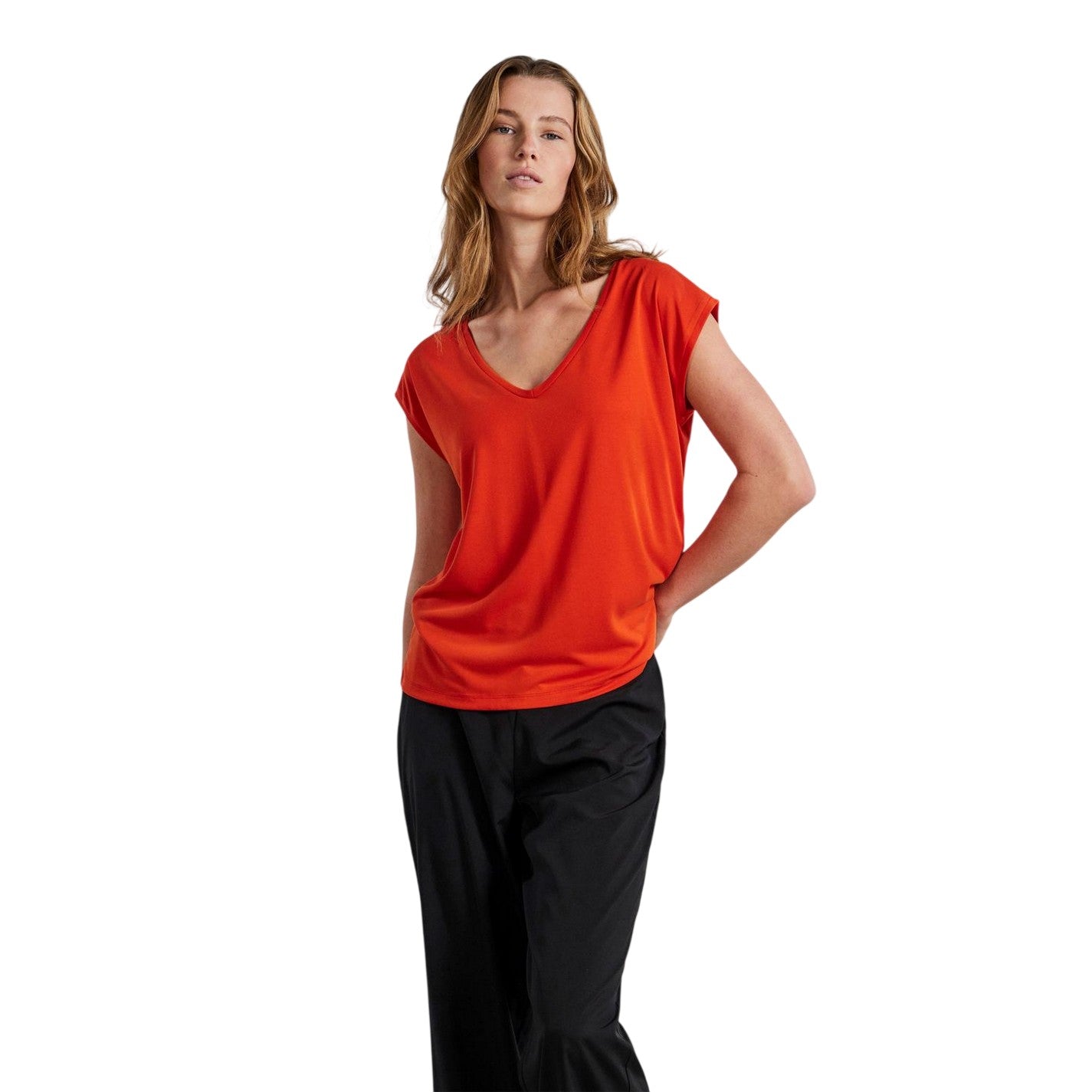 Tangerine Tango - Side - Pieces Womens-Ladies Pckamala Knitted V Neck T-Shirt