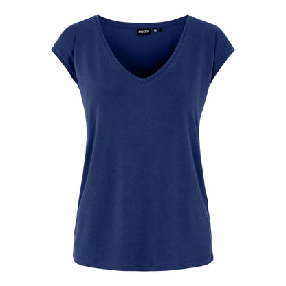 Blue - Front - Pieces Womens-Ladies Pckamala Knitted V Neck T-Shirt