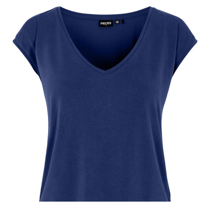 Blue - Side - Pieces Womens-Ladies Pckamala Knitted V Neck T-Shirt
