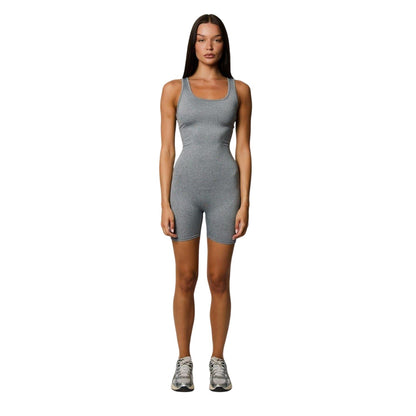 Grey - Back - Honeyz Womens-Ladies Ribbed Slim Sleeveless Playsuit