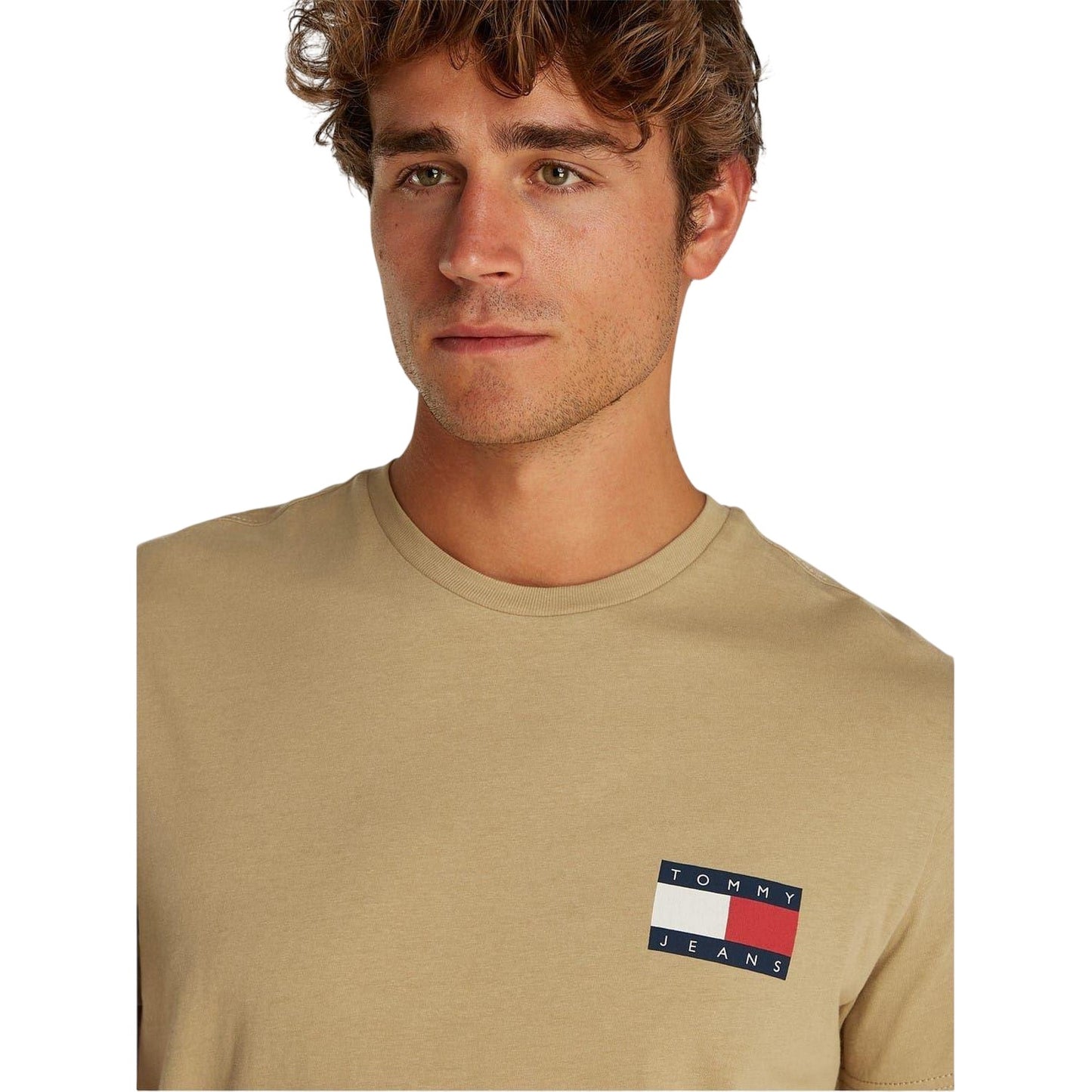 Tan - Side - Tommy Jeans Mens Flag Crew Neck Slim T-Shirt
