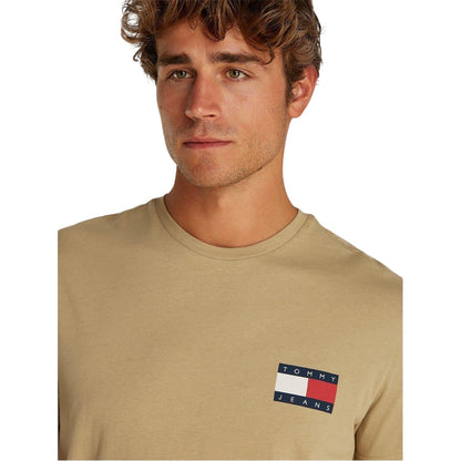 Tan - Side - Tommy Jeans Mens Flag Crew Neck Slim T-Shirt