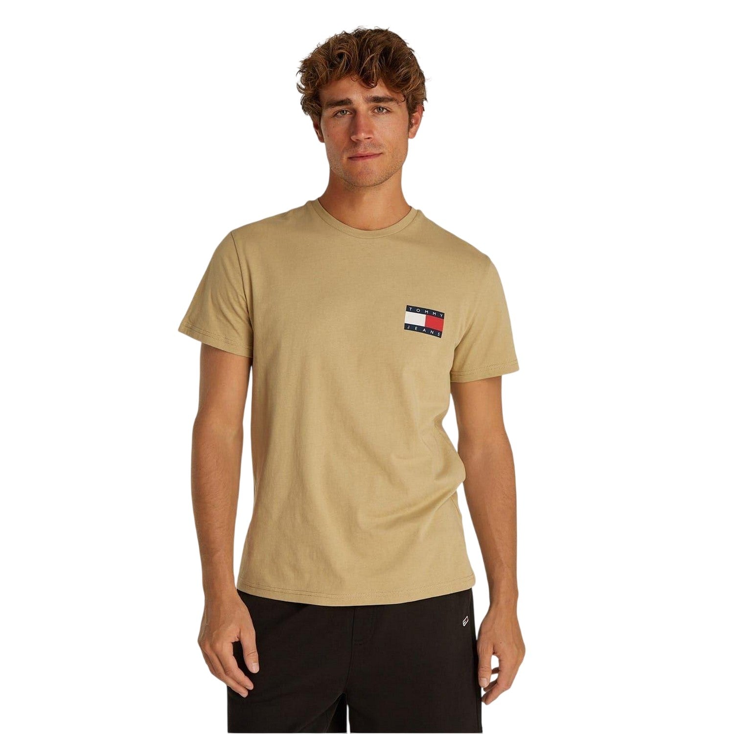 Tan - Lifestyle - Tommy Jeans Mens Flag Crew Neck Slim T-Shirt