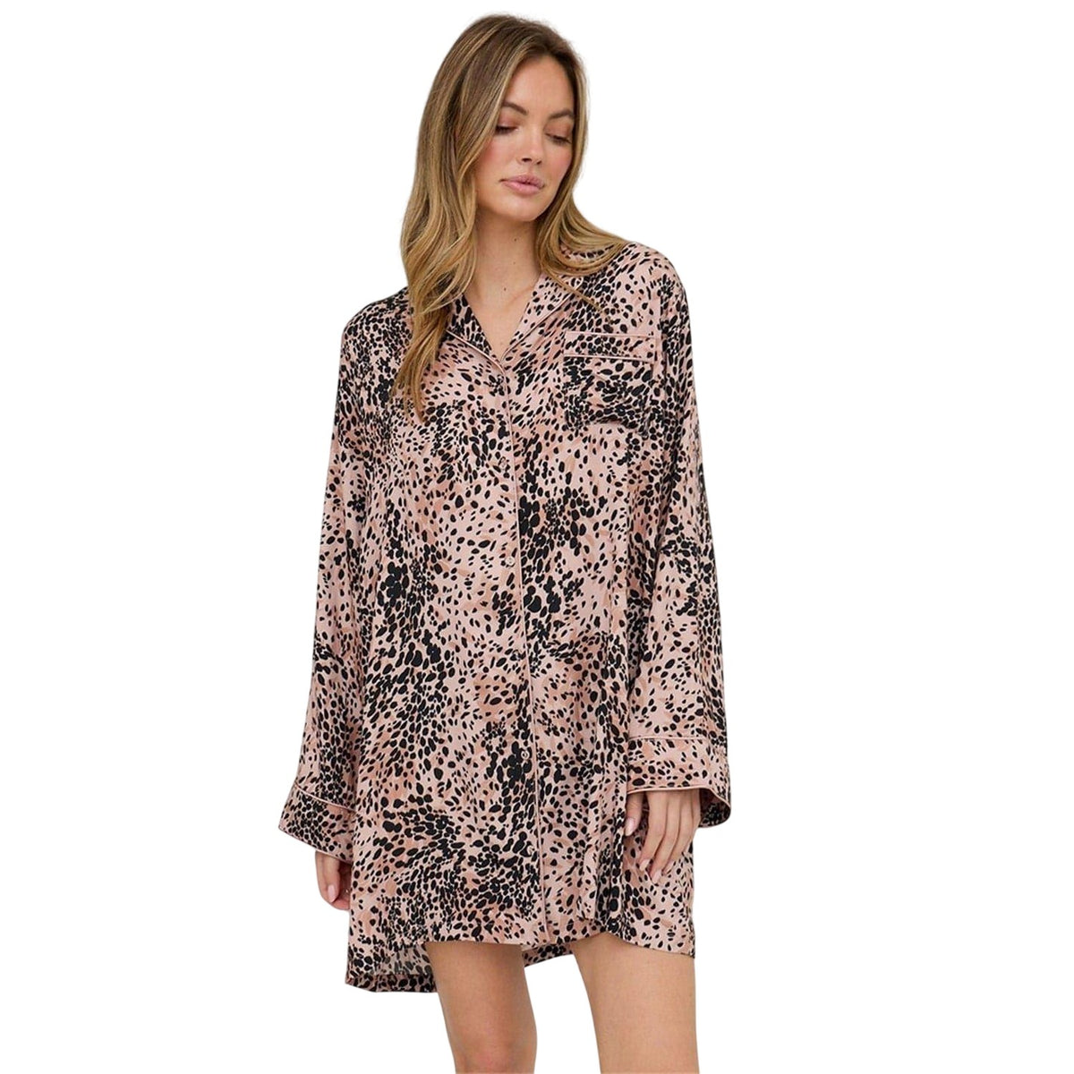 Brown - Front - Lily And Lionel Womens-Ladies Leopard Print Long-Sleeved Mini Shirt Dress