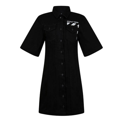 Black-White - Front - Off White Womens-Ladies Denim Shirt Dress