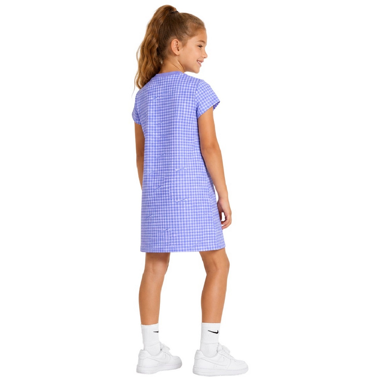 Oxygen Blue - Back - Nike Girls Swoosh Gingham Crew Neck T-Shirt Dress