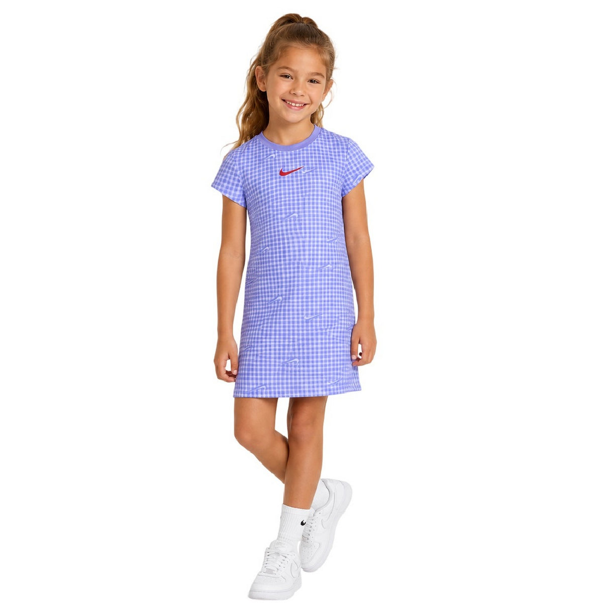 Oxygen Blue - Side - Nike Girls Swoosh Gingham Crew Neck T-Shirt Dress