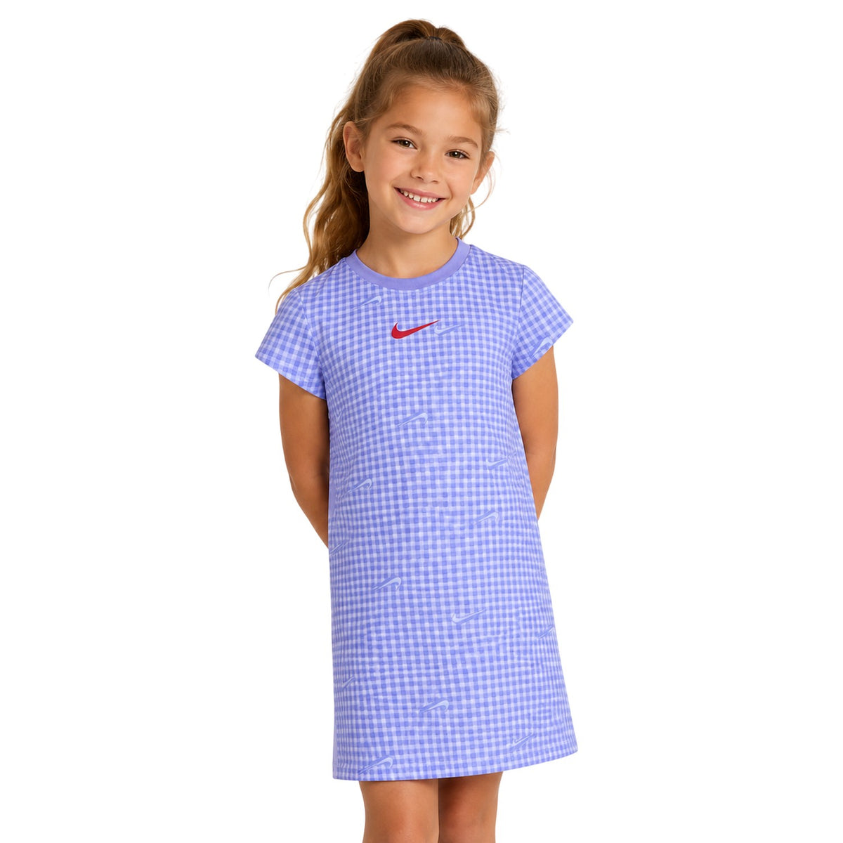 Oxygen Blue - Lifestyle - Nike Girls Swoosh Gingham Crew Neck T-Shirt Dress