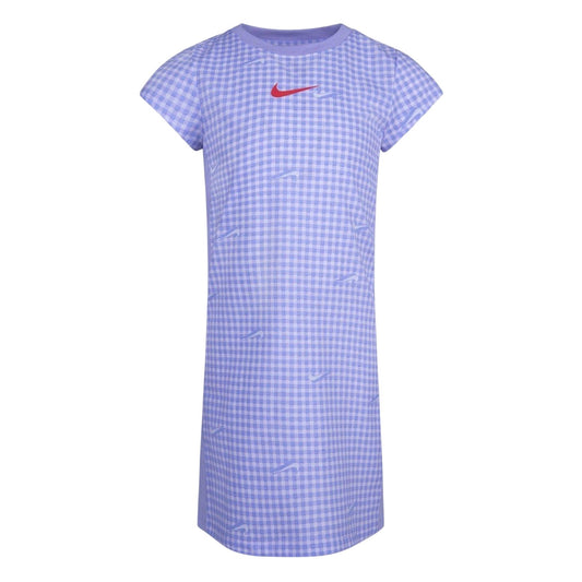 Oxygen Blue - Front - Nike Girls Swoosh Gingham Crew Neck T-Shirt Dress