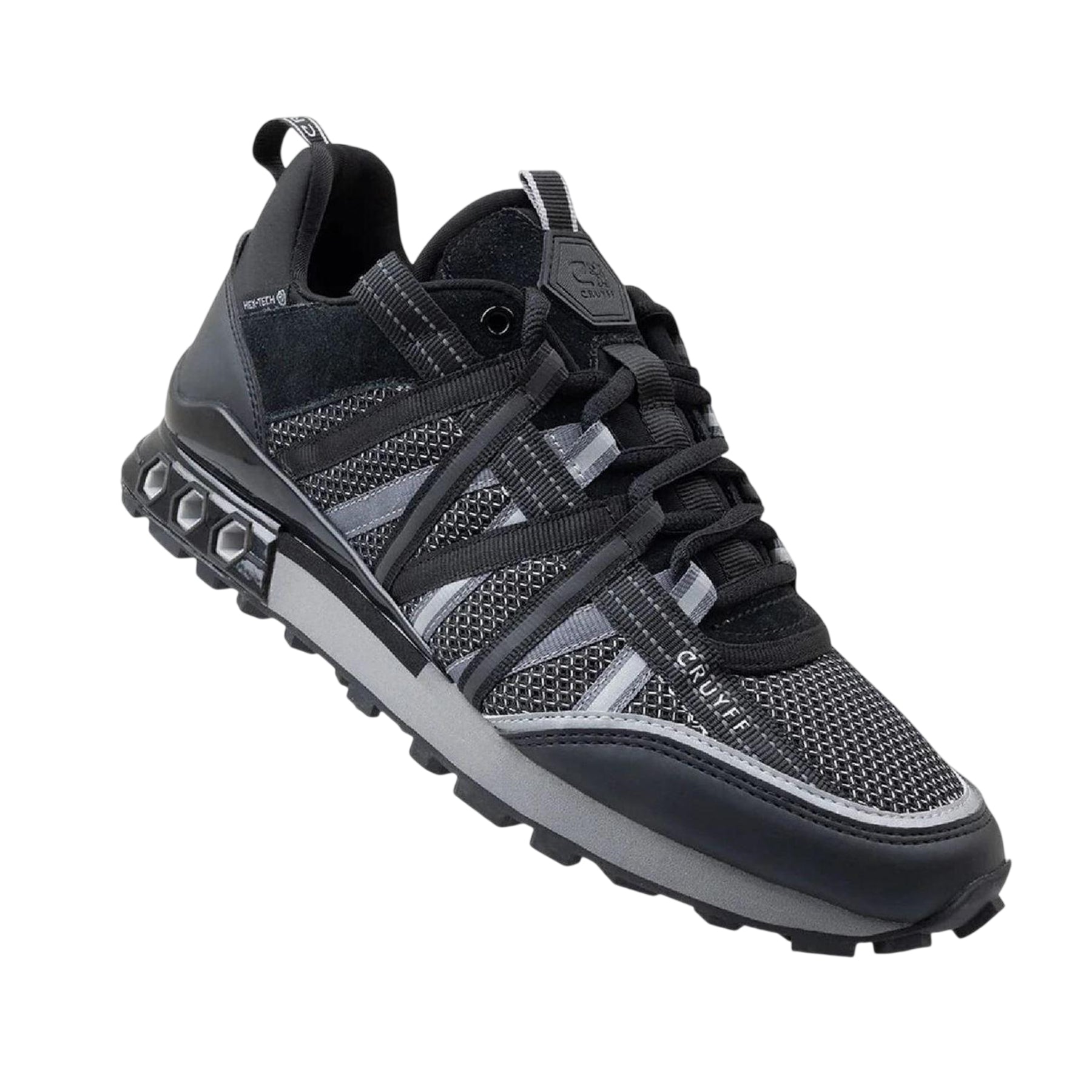 Black-Grey - Side - Cruyff Womens-Ladies Hexagon Suede Hex-Tech Trainers