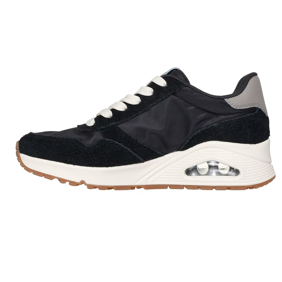 Black-White - Side - Skechers Womens-Ladies Uno Stand On Air Suede Mesh Trainers