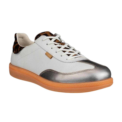 Gravel-White - Side - Ecco Womens-Ladies Leopard Print Leather Flat Court Trainers