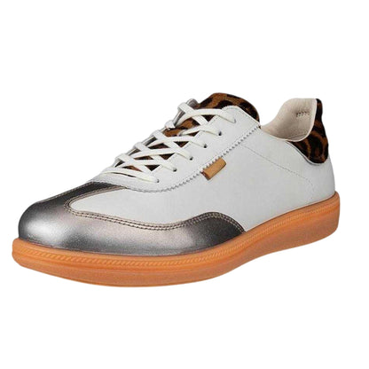 Gravel-White - Lifestyle - Ecco Womens-Ladies Leopard Print Leather Flat Court Trainers