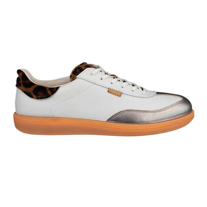 Gravel-White - Front - Ecco Womens-Ladies Leopard Print Leather Flat Court Trainers