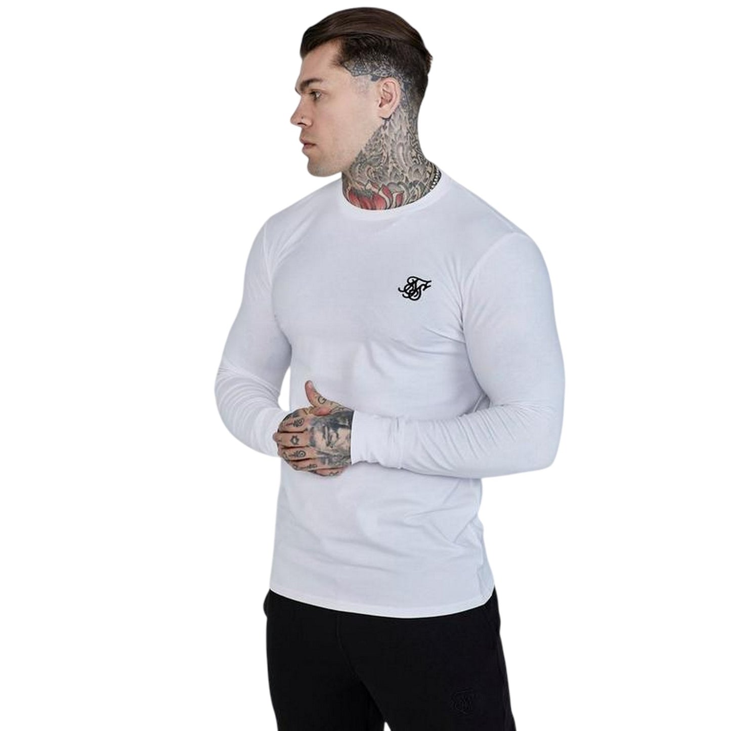 White - Lifestyle - SikSilk Mens Embroidered Logo Fitted Long-Sleeved T-Shirt