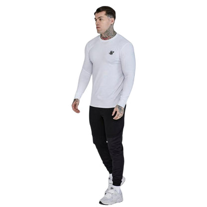 White - Pack Shot - SikSilk Mens Embroidered Logo Fitted Long-Sleeved T-Shirt