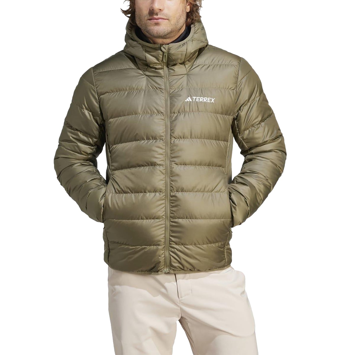 Olive - Front - Adidas Mens Terrex Lightweight Hooded Down Jacket
