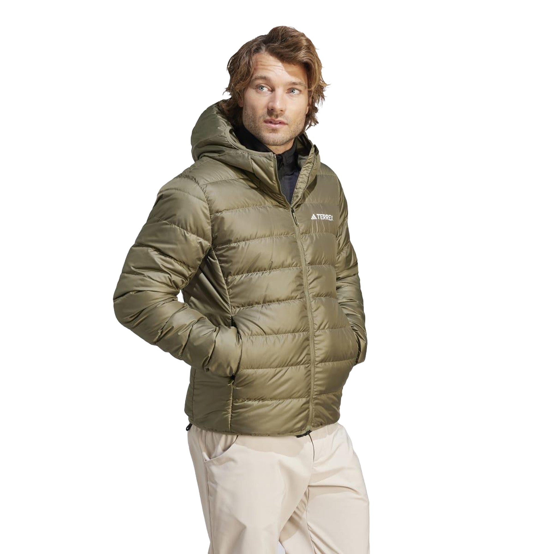 Olive - Side - Adidas Mens Terrex Lightweight Hooded Down Jacket