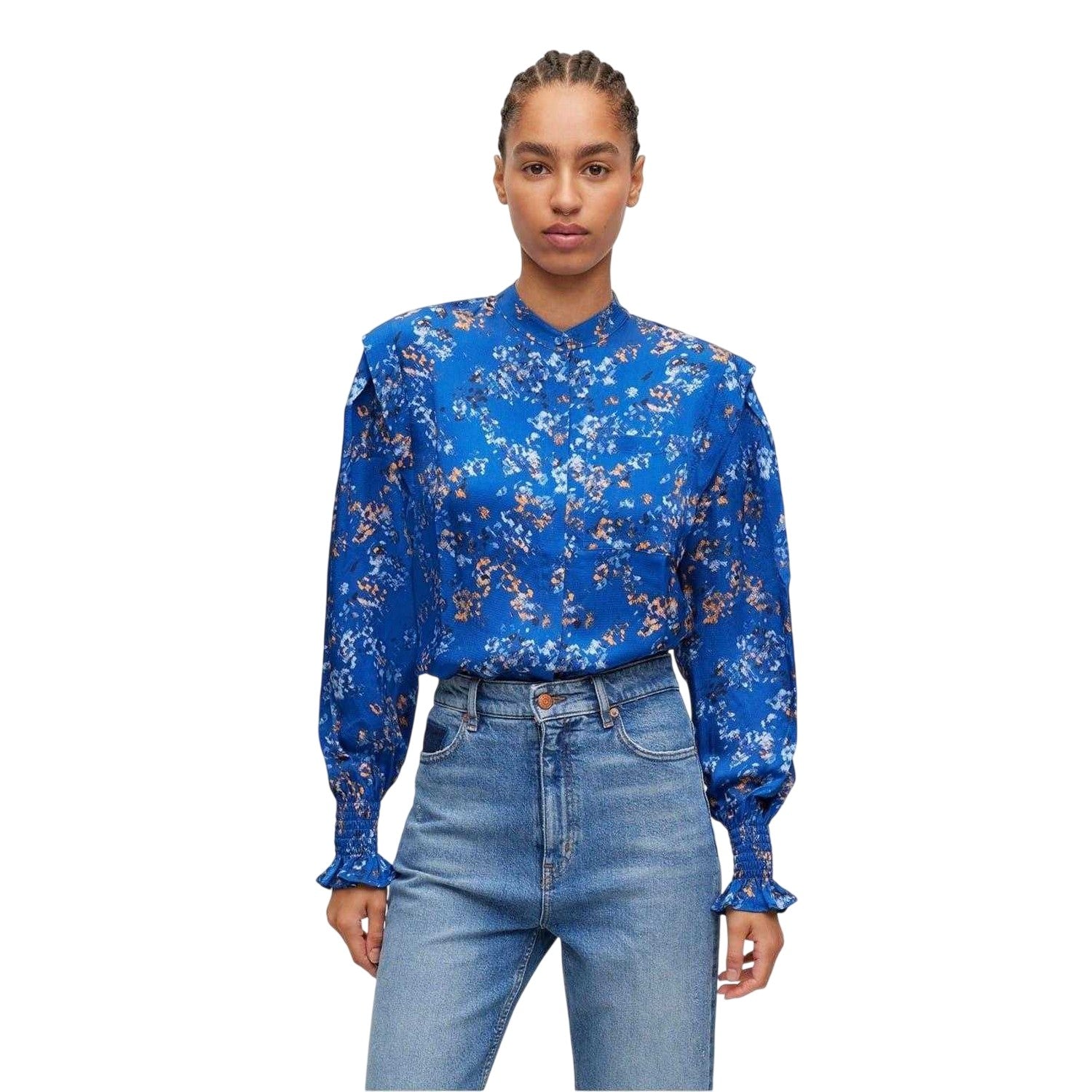 Multicoloured - Side - Boss Womens-Ladies Floral Pattern Banded Collar Long-Sleeved Blouse
