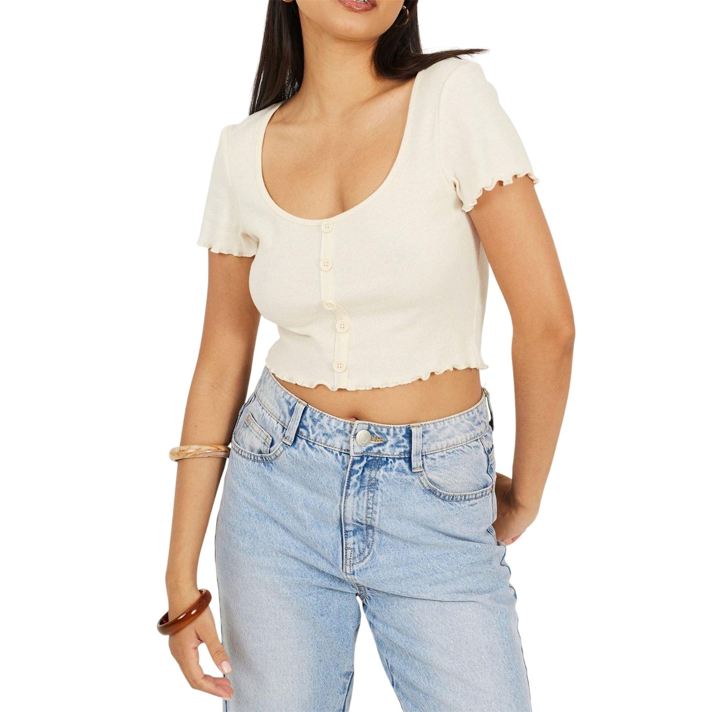 Cream - Front - Brave Soul Womens-Ladies Button Lettuce Hem Crop T-Shirt