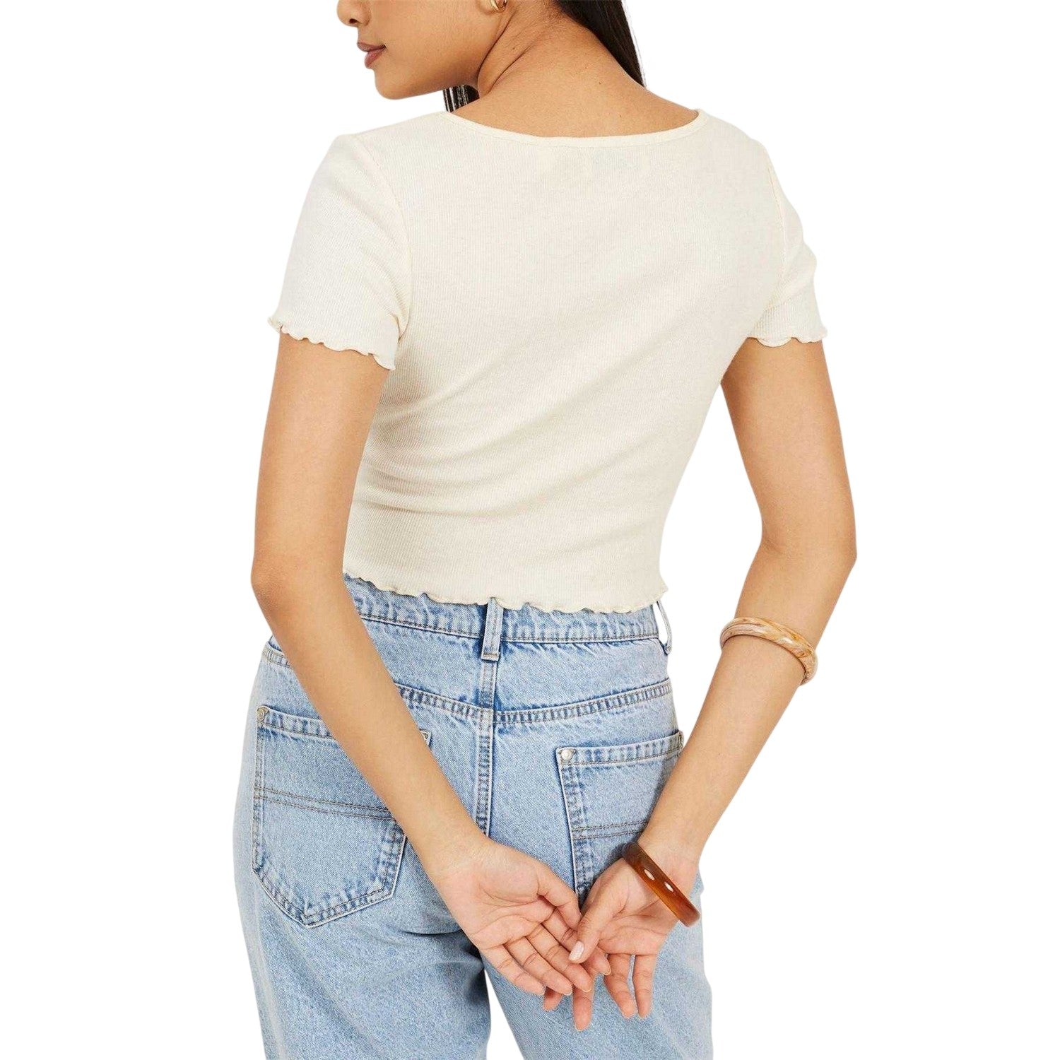 Cream - Back - Brave Soul Womens-Ladies Button Lettuce Hem Crop T-Shirt