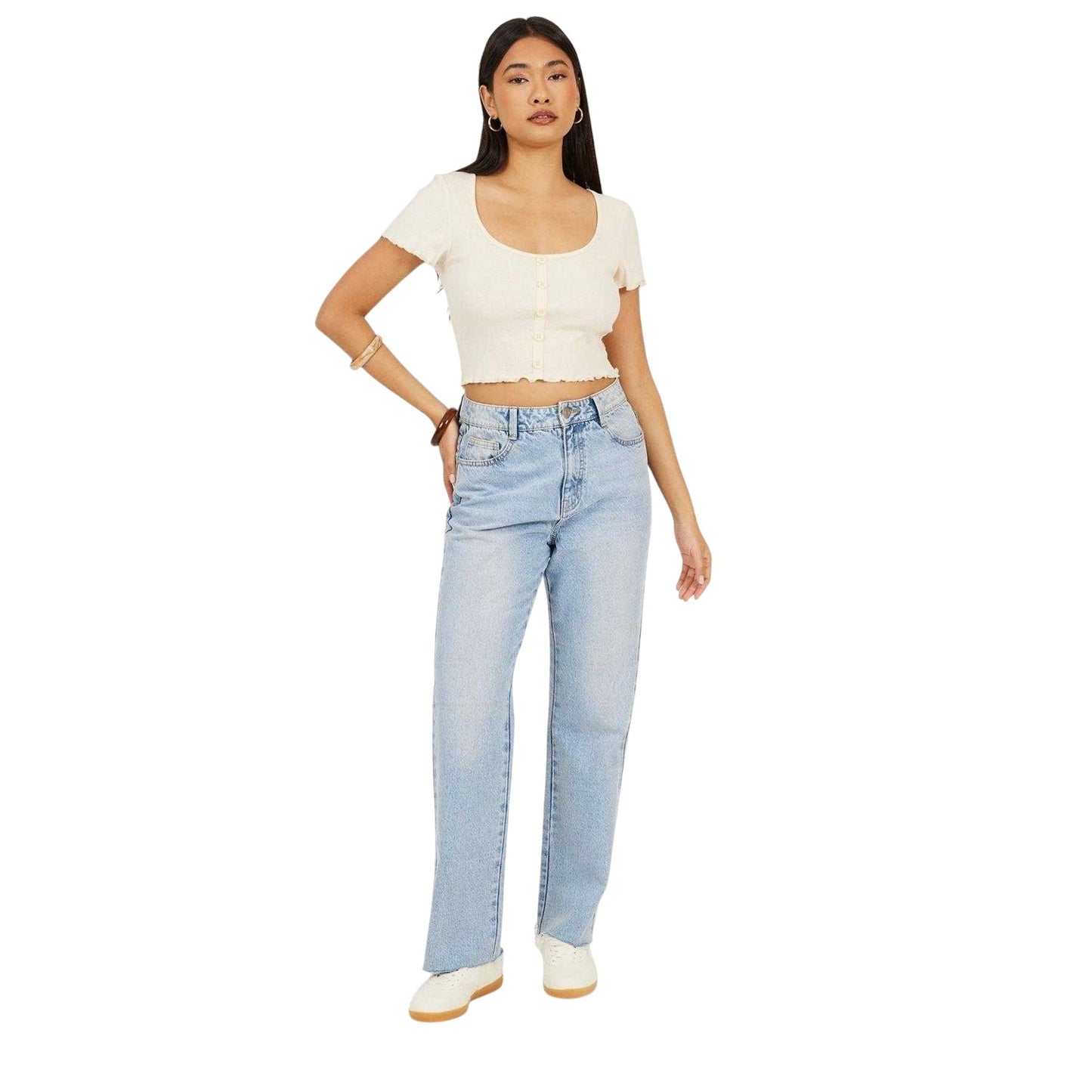 Cream - Lifestyle - Brave Soul Womens-Ladies Button Lettuce Hem Crop T-Shirt