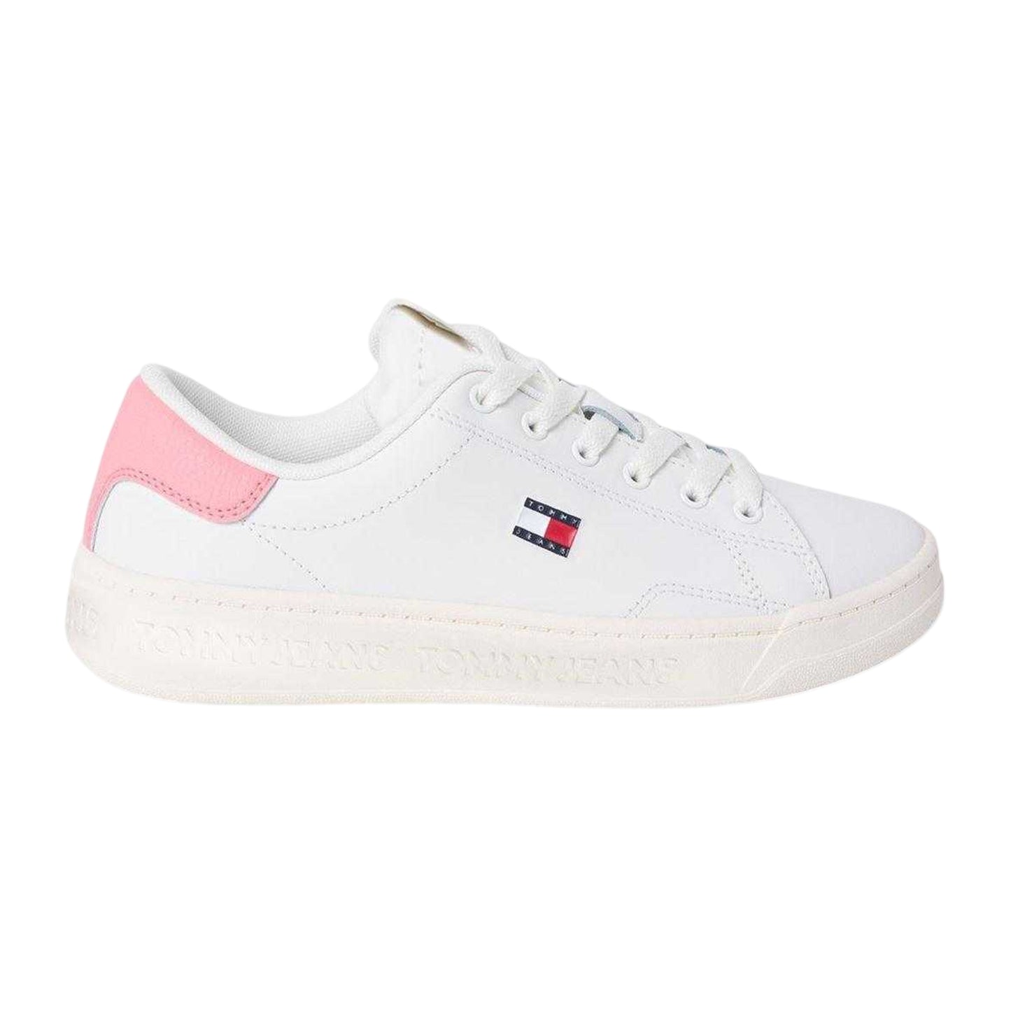 Ecru-Pink - Front - Tommy Jeans Womens-Ladies Script Leather Trainers