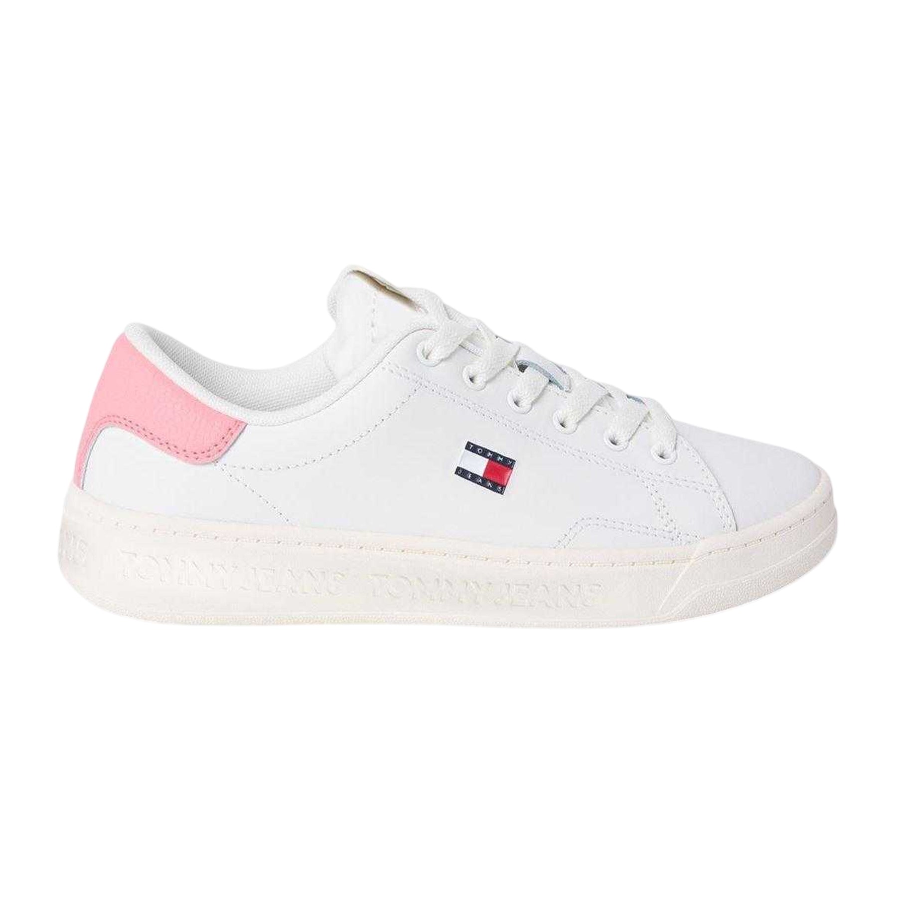 Ecru-Pink - Front - Tommy Jeans Womens-Ladies Script Leather Trainers