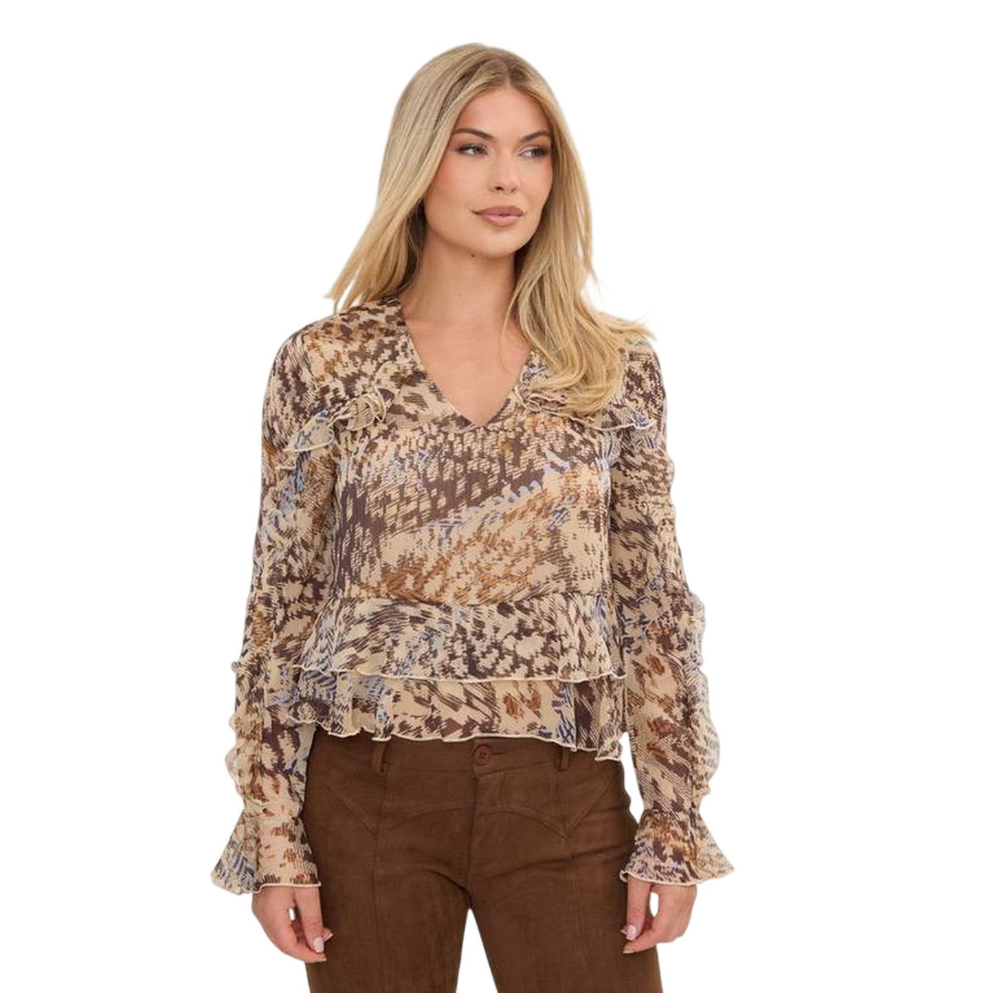 Brown - Front - I Saw It First Womens-Ladies Animal Print Ruffle Blouse