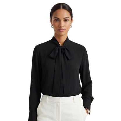 Black - Back - Boss Womens-Ladies Tie Neck Long-Sleeved Blouse