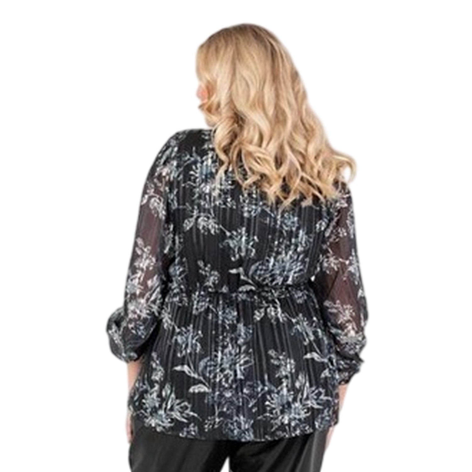 Black - Back - Lovedrobe Womens-Ladies Floral Pattern Balloon Sleeve Wrap Top