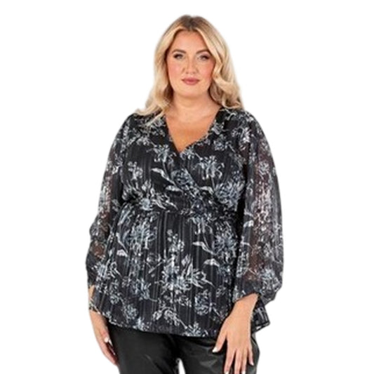 Black - Front - Lovedrobe Womens-Ladies Floral Pattern Balloon Sleeve Wrap Top