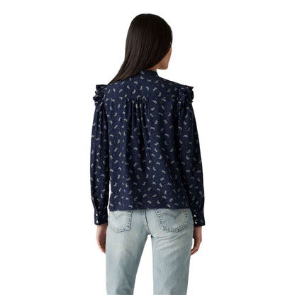 Navy - Back - Levis Womens-Ladies Gianna Floral Pattern Mock Neck Ruffle Blouse