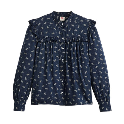 Navy - Front - Levis Womens-Ladies Gianna Floral Pattern Mock Neck Ruffle Blouse