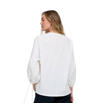Cream - Back - Raffya Womens-Ladies Notch Neck Balloon Sleeve Blouse