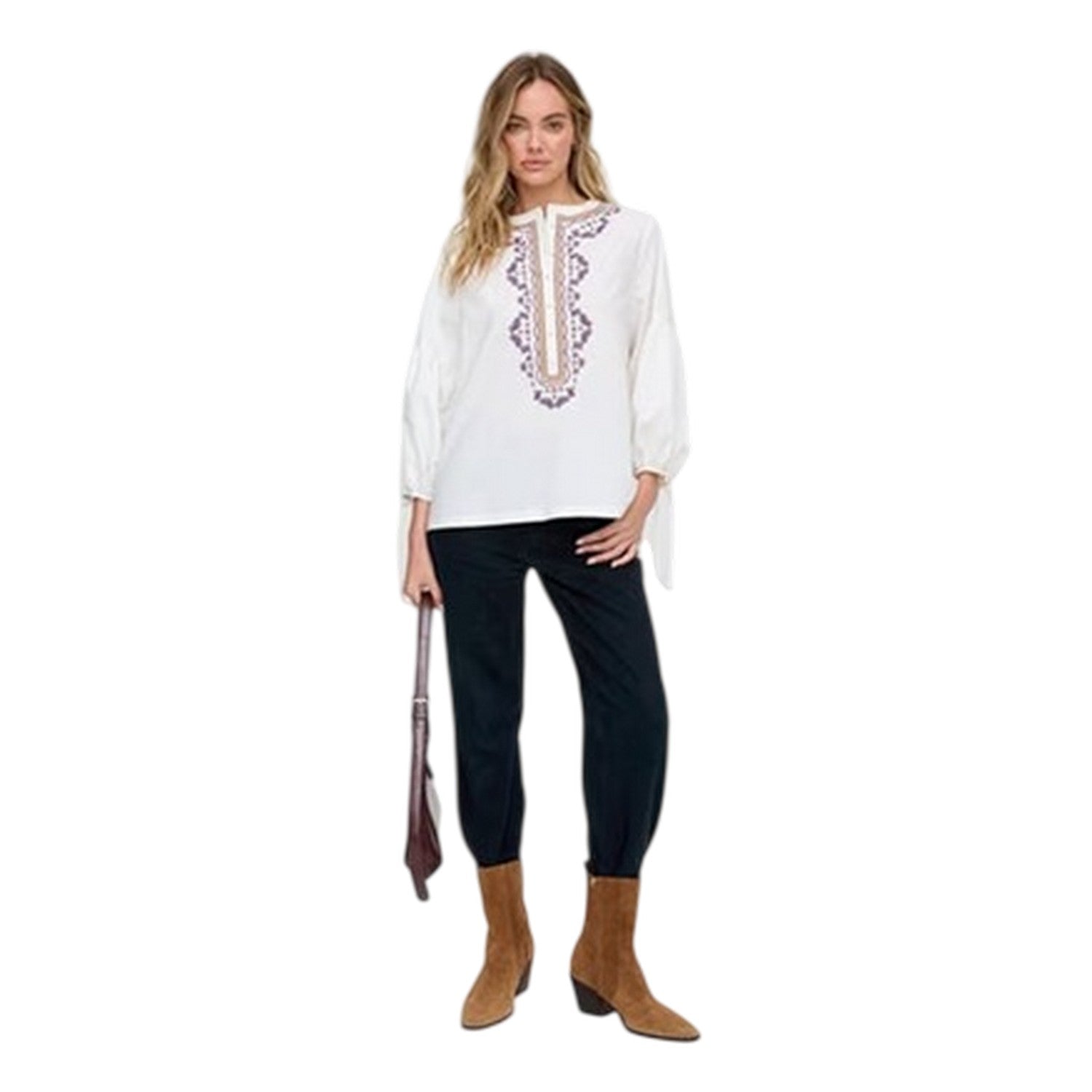 Cream - Side - Raffya Womens-Ladies Notch Neck Balloon Sleeve Blouse