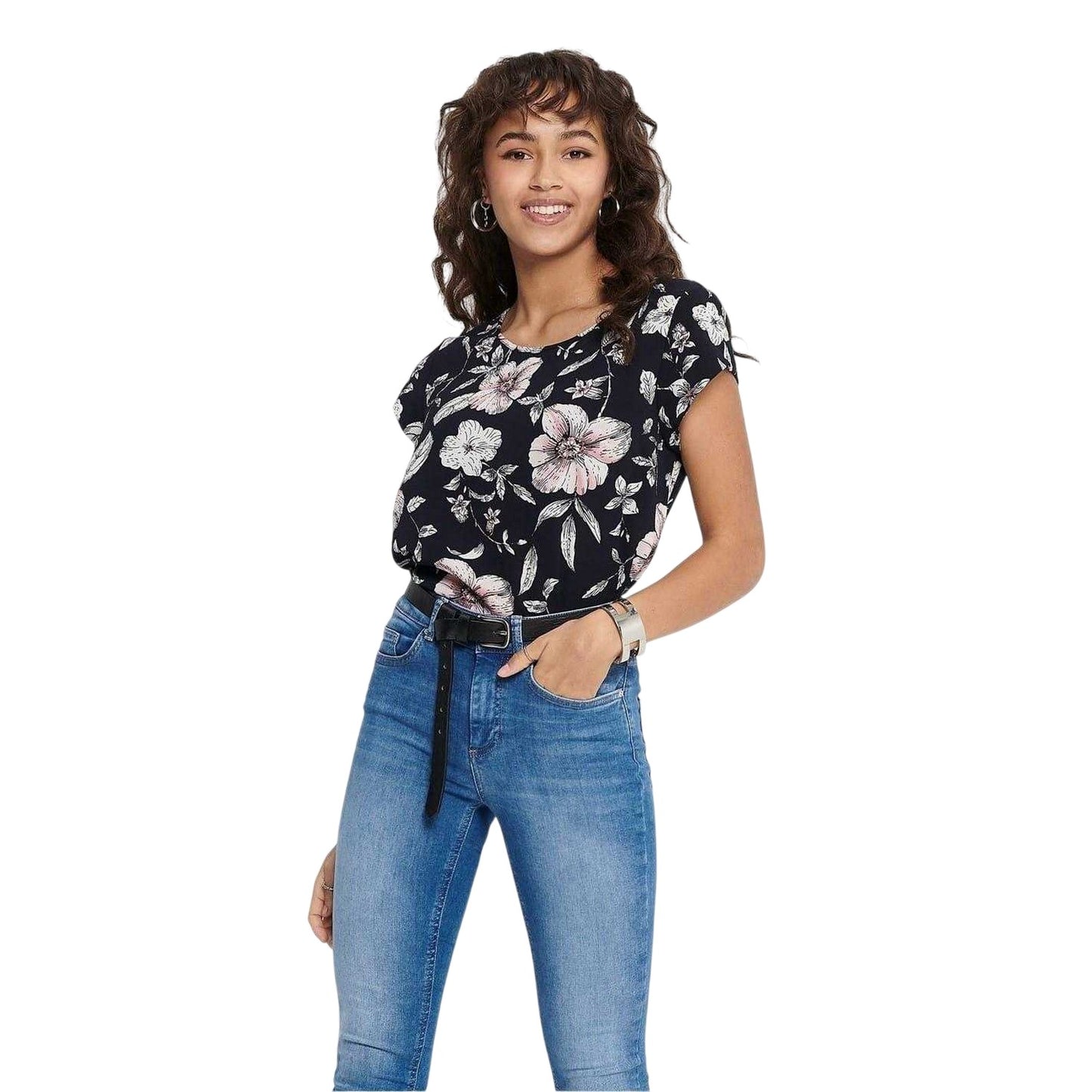Night Sky - Side - Only Womens-Ladies Vic Floral Crew Neck Short-Sleeved Blouse