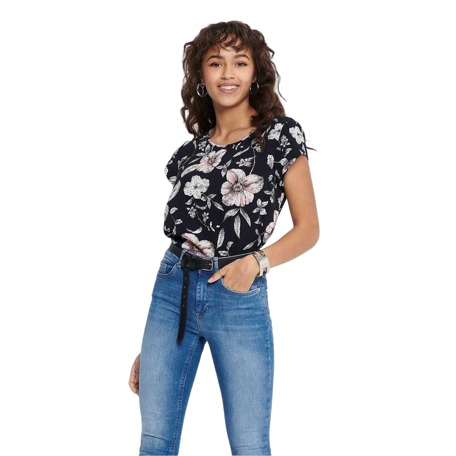 Night Sky - Side - Only Womens-Ladies Vic Floral Crew Neck Short-Sleeved Blouse