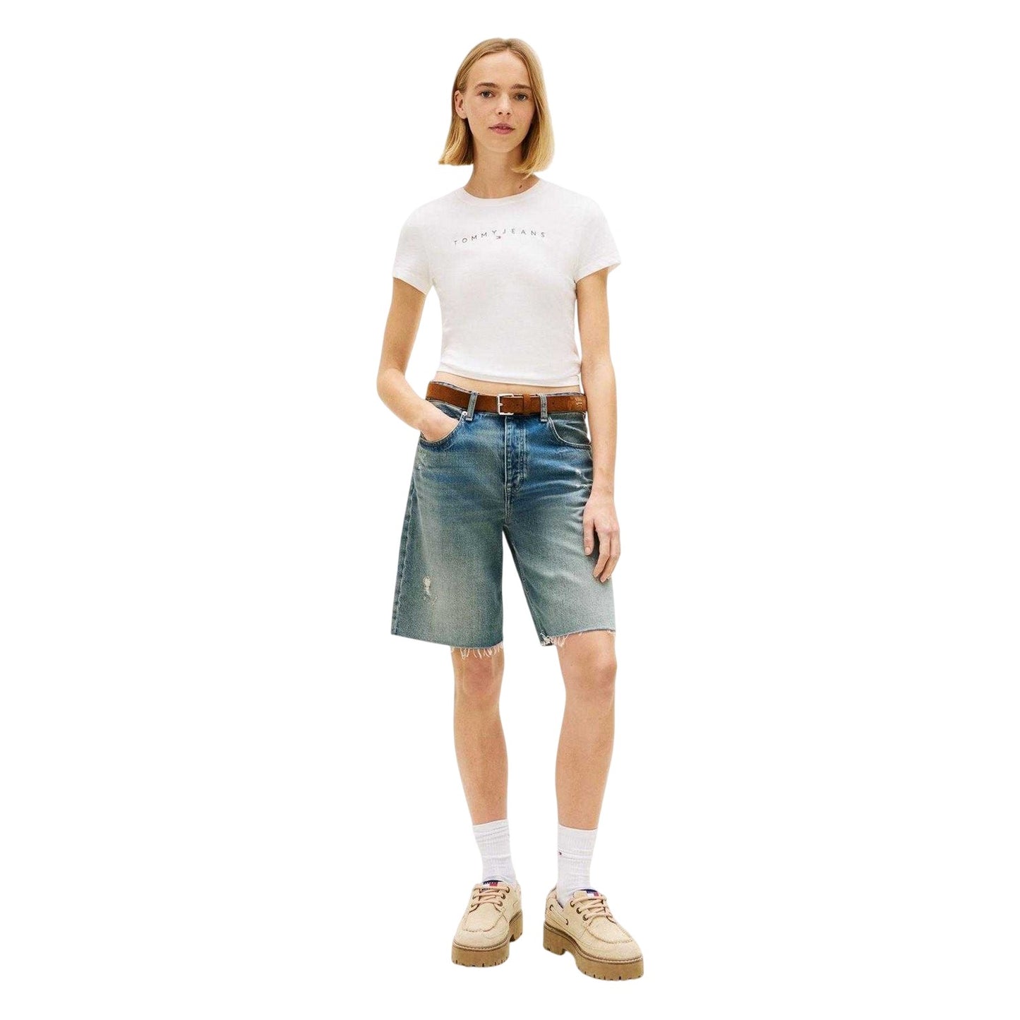 White - Side - Tommy Jeans Womens-Ladies Linear Slim T-Shirt