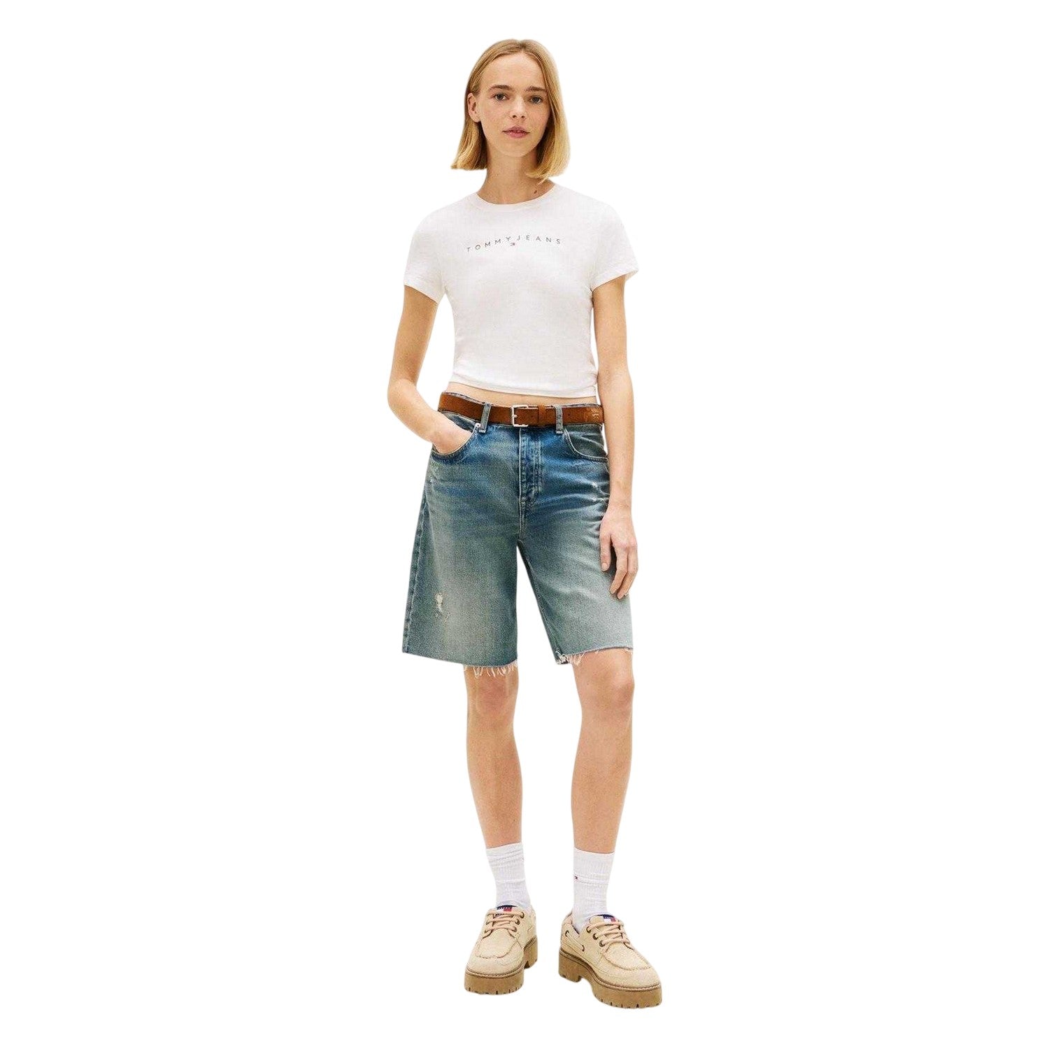 White - Side - Tommy Jeans Womens-Ladies Linear Slim T-Shirt