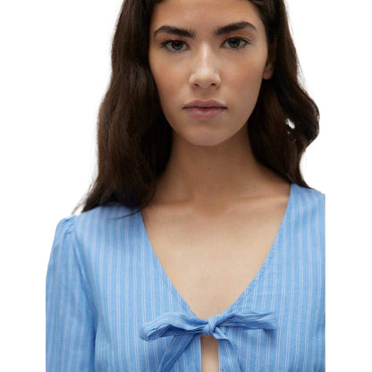 Blue - Side - Vero Moda Womens-Ladies Gili Tie V Neck Relaxed Fit Blouse